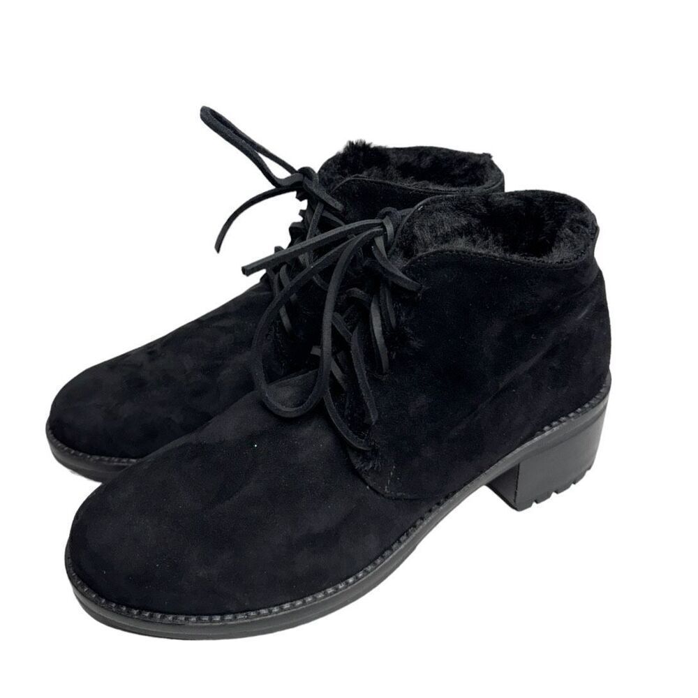 Lavorazione Ankle Booties Womens US 7 Black Leather Shearling Lace Up Block Heel